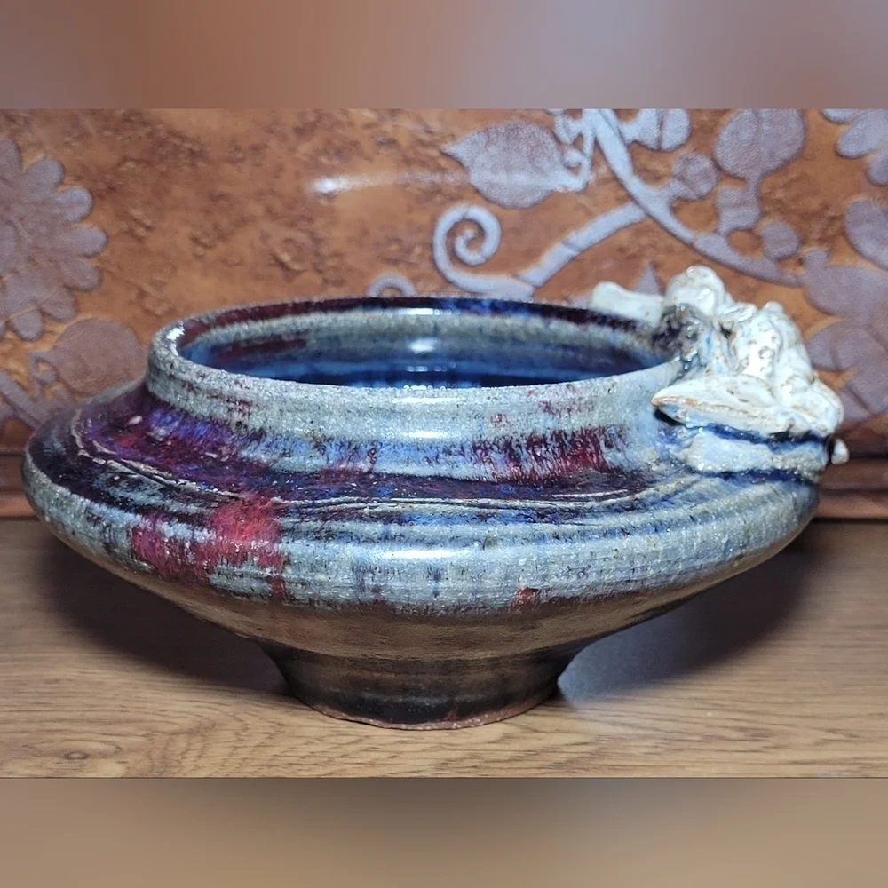 Handmade Pottery Flower Pot Cachepot Planter Utility‎ Bowl Cherubs Angel Blue